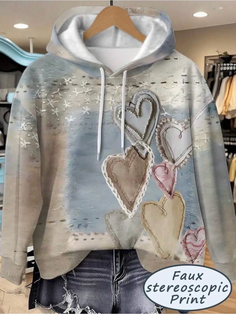 SHEIN Vintage Romantic Sea Salt Heart Three Dimensional Print Long-Sleeve Top